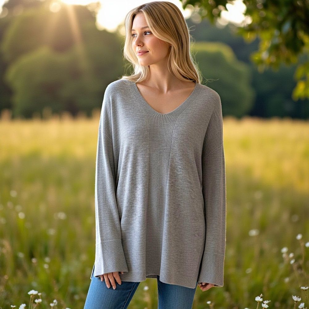 Joan Vass Cashmere Cozy Sweater M Relaxed Gray Bell Sleeves V Neck Quiet Luxury